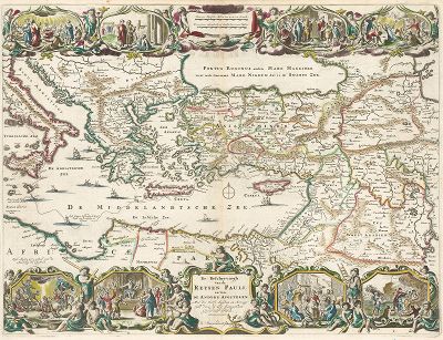 Карта Средиземноморья с указанием пути, который прошел апостол Павел, и сценами из его Деяний. De Beschryvingh van de Reysen Pauli, en van de Andree Apostelen. 