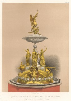 Подарок Шарлю де Букеру - бельгийскому политику, мэру Брюсселя с 1848 года. Аллегорическая композиция, украшеная медальонами с гербами бельгийских городов. Каталог Всемирной выставки в Лондоне 1862 года, т.2, л.147