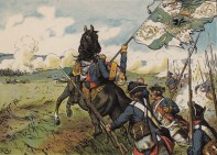 Семилетняя война 1756—1763 гг. Прусский генерал-фельдмаршал, граф Курт фон Шверин (1689-1757) за минуту до геройской смерти в битве под Прагой 6 мая 1757г. Р.Кнотель, К.Рехлинг "Старый Фриц...", л.19. Берлин, 1895