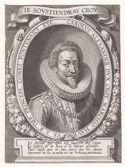 Шарль Александер де Крой (1581--1624) - военачальник и государственный деятель Испанских Нидерландов. Фронтиспис к мемуарам де Кройя "'Memoires guerriers de ce qu'y c'est... à la fin de l'année 1606', Антверпен, 1642
