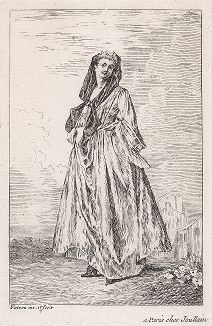 Женщина анфас стоя. Офорт Антуана Ватто из сюиты "Фигуры по моде", ок. 1710 г. 