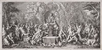 Праздник Вакха, отмечаемый сатирами и вакханками. Гравюра Клода Жилло из сюиты "Вакханалии", лист 2. 