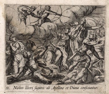 Аполлон и Диана поражают стрелами детей Ниобы. Гравировал Антонио Темпеста для своей знаменитой серии "Метаморфозы" Овидия, л.55. Амстердам, 1606