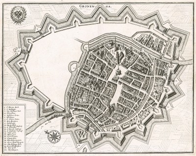 Город Гронинген (Groninga) с высоты птичьего полета. План составил Маттеус Мериан. Франкфурт-на-Майне, 1695