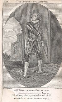 Мистер Мидлтон в роли графа Солсбери. Иллюстрация к британской пьесе "The Countess of Salisbury", Акт III, Лондон, 1792-1793 годы