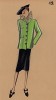 Прямая чёрная юбка и жакет горохового цвета с пуговицами из коллекции осень-зима 1942-43 года парижского дизайнера Мари-Луиз Брюйер (собственноручная гуашь автора). Уникальный документ истории моды времен Второй мировой войны