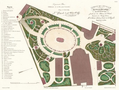 Парк Звезды, расположенный в парижском районе Пасси, прилегающем к Булонскому лесу. F.Duvillers, Les parcs et jardins, т.I, л.32. Париж, 1871