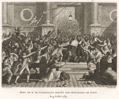 Убийство Жака де Флесселя (1721-1789), городского головы Парижа. Утром 14 июля 1789 г. парижане врываются в Ратушу и требуют от Флесселя отдать приказ об осаде Бастилии. Получив отказ, горожане обвиняют его в предательстве и убивают. Париж, 1804