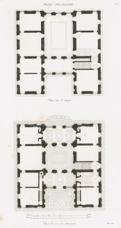 Планы 1-го и 2-го этажей дворца Паллавичино, построенного в 1537 году архитектором Галеаццо Алесси в Генуе. Les plus beaux édifices de la ville de Gênes et de ses environs, л.2. Париж, 1845