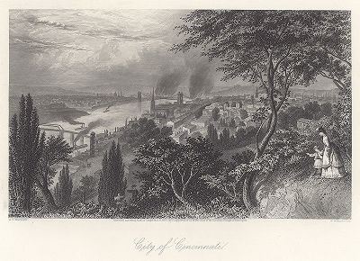 Вид на город Цинциннати и реку Огайо, штат Огайо. Лист из издания "Picturesque America", т.II, Нью-Йорк, 1874.