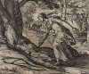 Пирам и Фисба. Фисба убивает себя после смерти Пирама. Гравировал Антонио Темпеста для своей знаменитой серии "Метаморфозы" Овидия, л.32. Амстердам, 1606