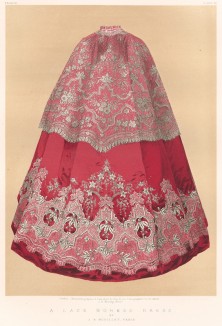Платье-накидка от парижского кутюрье J. B. Bouillet, шитое белым кружевом и муслином. Было продано за 300 английских фунтов (Каталог Всемирной выставки в Лондоне. 1862 год. Том 1. Лист 80)
