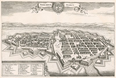Город Нанси (Nanceivum. Nancy) с высоты птичьего полета. План составил Маттеус Мериан. Франкфурт-на-Майне, 1695