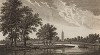 Сады Кью. Вид на озеро и китайскую пагоду, возведённую в 1762 году по проекту Уильяма Чемберса (из A New Display Of The Beauties Of England... Лондон. 1776 год. Том 1. Лист 8)