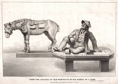 Кладбищенский старик, герой романа Вальтера Скотта "Пуритане", со своим конём, на котором он путешествовал по Шотландии. Скульптурная группа выполнена Джеймсом Томом (1802-50) и находится на кладбище Laurel Hill в Филадельфии.