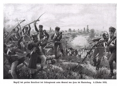 Атака прусской гвардейской пехоты в сражении при Вартенбурге 3 октября 1813 г. Илл. Рихарда Кнотеля. Die Deutschen Befreiungskriege 1806-1815. Берлин, 1901
