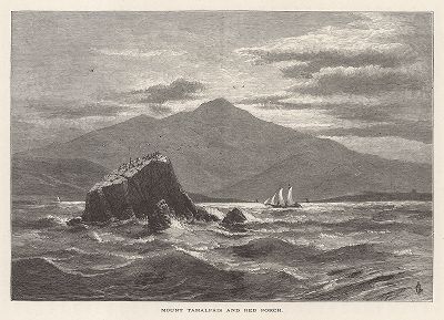 Гора Тамалпаис и скала Красный Балкон у побережья штата Калифорния. Лист из издания "Picturesque America", т.I, Нью-Йорк, 1872.