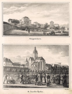 Остров Скеппшолмен и кирха Святого Якоба. Stockholm forr och NU. Стокгольм, 1837