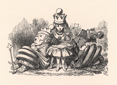 Не прошло и минуты, как обе Королевы крепко спали, да еще и храпели к тому же! (иллюстрация Джона Тенниела к книге Льюиса Кэрролла «Алиса в Зазеркалье», выпущенной в Лондоне в 1870 году)