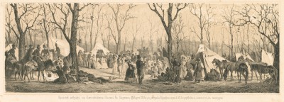 Казачий бивуак на Елисейских полях в Париже 19-30 марта 1814 года, с рисунка профессора А. И. Зауервейда, снятого с натуры (Русский художественный листок. N 9 за 1851 год)