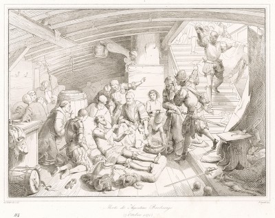 Смерть венецианского командора Агостино Барбариго, получившего тяжелые ранения в битве при Лепанто 7 октября 1571 года. Storia Veneta, л.114. Венеция, 1864