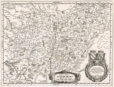 Бургундия. Utriusque Burgundiae, tum ducatus tum comitatus, descriptio. Карту составил Маттеус Мериан. Франкфурт-на-Майне,  1695