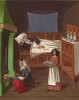 Отдых главы семьи: пожилой господин спит, а его жена и дочь занимаются домашним хозяйством (из Les arts somptuaires... Париж. 1858 год)