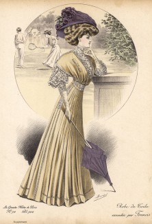 Осеннее платье из плотного хлопка с отстроченными складками и кружевными рукавами от Francis (Les grandes modes de Paris за 1907 год).