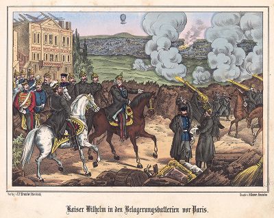 Франко-прусская война 1870-71 гг. Король Пруссии Вильгельм I руководит обстрелом Парижа в январе 1871 г. Редкая немецкая литография
