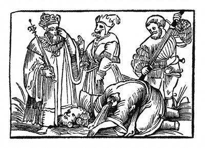 Усекновение главы Святого Христофора. Из "Жития Святого Христофора" (S. Christops Geburt und Leben) неизвестного немецкого мастера. Издал Johann Weyssenburger, Ландсхут, 1520. 
