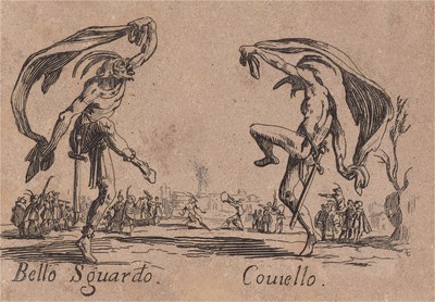 Белло Сгвардо и Ковиелло (Bello Sguardo - Coviello). Из цикла офортов конца 19 века, выполненного по серии гравюр Жака Калло "Balli Di Sfessania" (Танцы беззадых (бескостных)), в которой он изобразил персонажей итальянской "Комедии дель Арте"