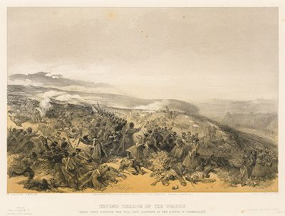 Контратака английской гвардии 5 ноября 1854 года в сражении при Инкермане. The Seat of War in the East by William Simpson, Лондон, 1855 год. Часть I, лист 7