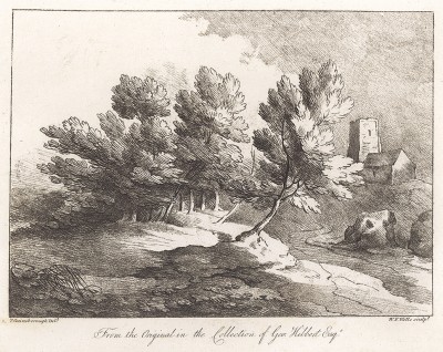 Пейзаж с башней и домом. Гравюра с рисунка знаменитого английского пейзажиста Томаса Гейнсборо из коллекции Дж. Хибберта. A Collection of Prints ...of Tho. Gainsborough, Лондон, 1819. 