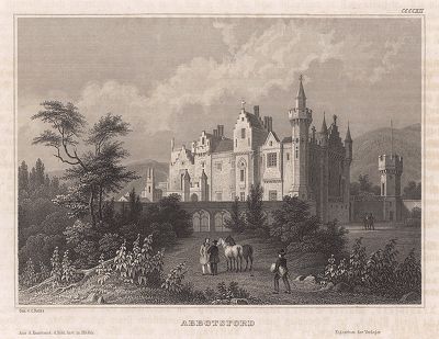 Эбботсфорд -- поместье на юге Шотландии, построенное Вальтером Скоттом в 1811--1824 гг.  Meyer's Universum, Oder, Abbildung Und Beschreibung Des Sehenswerthesten Und Merkwurdigsten Der Natur Und Kunst Auf ... Erde, Хильдбургхаузен, 1840 год.