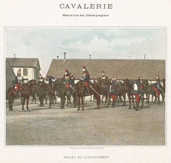 Французские кирасиры седлают лошадей. L'Album militaire. Livraison №4. Cavalerie. Serviсe en campagne. Париж, 1890