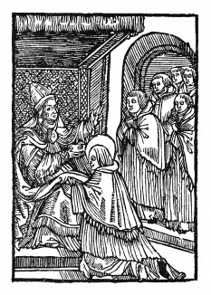 Святой Вольфганг получает степень декана собора города Трир и канцлера соборного капитула. Из "Жития Святого Вольфганга" (Das Leben S. Wolfgangs) неизвестного немецкого мастера. Издал Johann Weyssenburger, Ландсхут, 1515