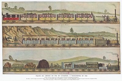 Поезда, следующие по железной дороге Ливерпуль-Манчестер в 1832 году. Les chemins de fer, Париж, 1935