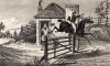 Турпин уклоняется от уплаты въездной пошлины и перепрыгивает через ворота в Хорнси. Turpin's Ride to York. Лондон, 1839
