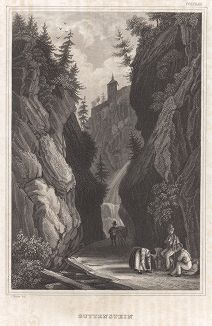 Водопад в городке Гутенштайн в Австрии. Meyer's Universum, Oder, Abbildung Und Beschreibung Des Sehenswerthesten Und Merkwurdigsten Der Natur Und Kunst Auf Der Ganzen Erde, Хильдбургхаузен, 1840 год.