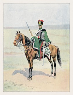 Кавалерист 1-го гвардейского полка конных разведчиков (иллюстрация к работе "Императоская Гвардия в 1804--1815 гг." Париж. 1901 год. (экземпляр № 303 из 606 принадлежал голландскому генералу H. J. Sharp (1874 -- 1957))