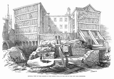 Руины фундамента древней виллы периода римского завоевания, раскопанный в 1848 году во время начала строительства здания биржи бурого угля в Лондоне (The Illustrated London News №301 от 05/02/1848 г.)