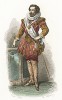 Мужская мода в эпожу Генриха IV. Дворянин в камзоле с гофрированным воротником и в ботфортах.