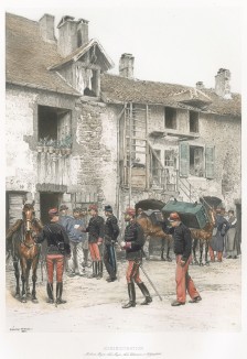 Военный врач, квартирмейстер, ветеринар и телеграфист французской армии в 1887 году (из Types et uniformes. L'armée françáise par Éduard Detaille. Париж. 1889 год)