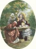 Юная модница пускает маленькую лодочку в фонтане. Из альбома литографий Paris. Miroir de la mode, посвящённого французской моде 1850-60 гг. Париж, 1959