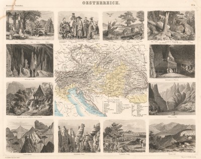 Карта Австро-Венгрии, а также 12 картушей, гравированных на стали в 1862 году, с изображениями жителей, животных, пейзажей и памятных мест империи. Illustriter Handatlas F.A.Brockhaus. л.21. Лейпциг, 1863