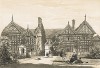 Вид на знаменитый Спик Холл со стороны сада (Ливерпуль, Ланкашир, Англия). Старый фахверковый дом, известный с 1490 года (по другим сведениям - с 1080 года). Тоновая литография Джозефа Нэша. Лондон, 1849 год.