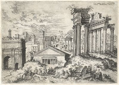 Вид Римского форума с подножья Капитолийского холма. Офорт Иеронима Кока из сюиты Praecipua Aliquot Romanae Antiquitatis Ruinarum Monimenta, 1551 год. 