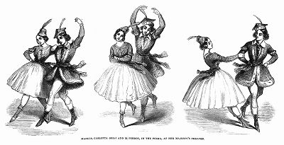 Прославленная итальянская балерина Карлотта Гризи (1819 -- 1899 гг.) и французский танцор Жюль-Жозеф Перро (1810 -- 1892 гг.), танцующие польку на сцене лондонского Театра Её Величества (The Illustrated London News №104 от 27/04/1844 г.)