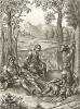 Меналк, Дамет, Палемон. Иллюстрация к эклоге III "Буколик" Вергилия. Лист подписного издания посвящён Чарльзу Саквиллу (1638--1706), графу Дорсет, лорду-камергеру при короле Англии Вильгельме III 
