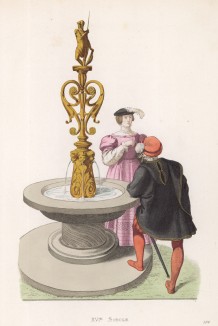 Свидание по-английски у фонтана (XVI век) (лист 104 работы Жоржа Дюплесси "Исторический костюм XVI -- XVIII веков", роскошно изданной в Париже в 1867 году)
